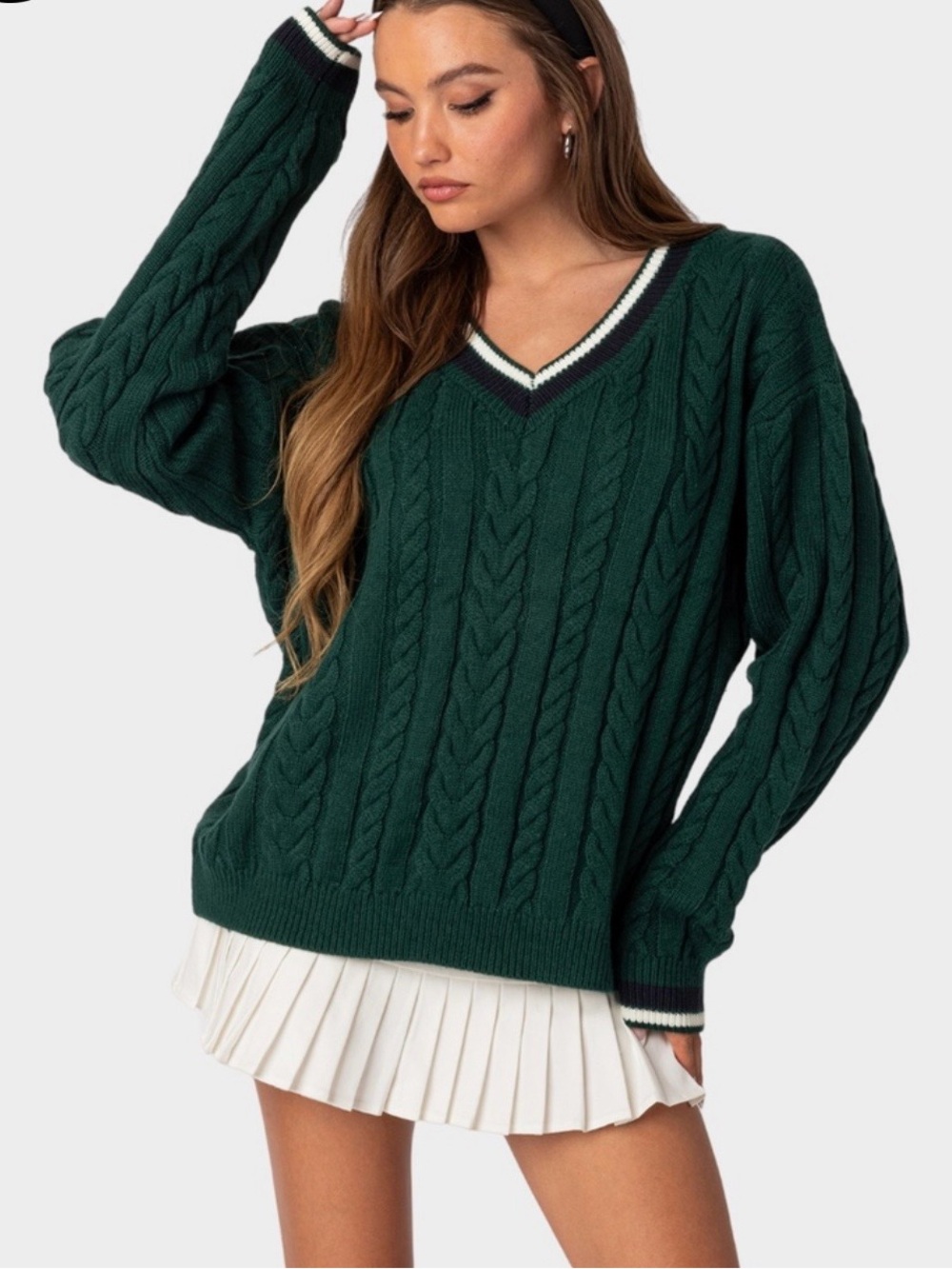 Edikted Forest Green Cable Knit V-Neck Preppy Sweater size XL